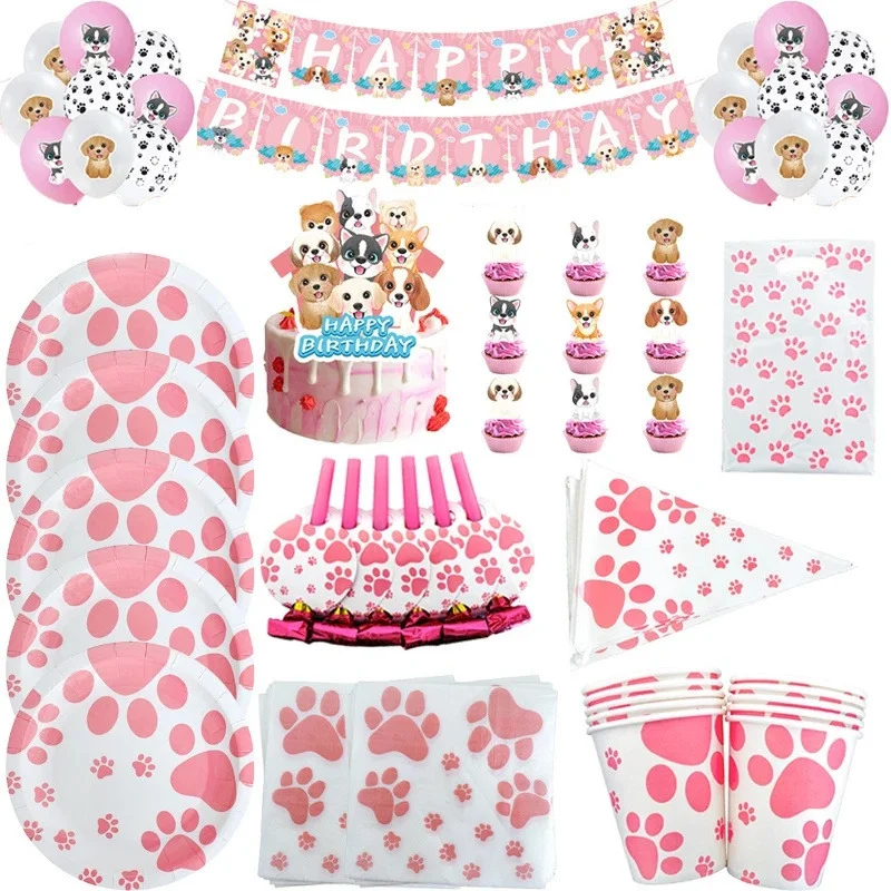 

Pink Dog Paw Birthday Wedding Party Decor Plate Cup Tablecloth Balloon Tableware Pet Party Decors Baby Shower Supplies