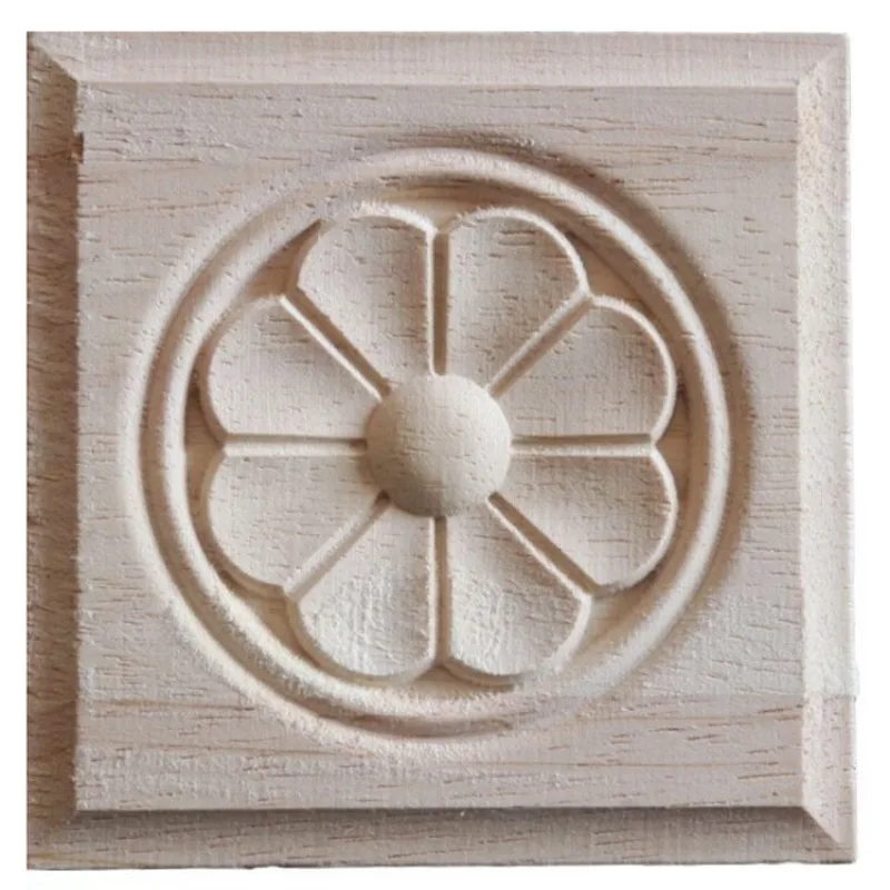 Flower Wooden Carving Natural Wood Appliques for Furniture Cabinet Unpainted Wooden Mouldings Decal Decorative Figurines