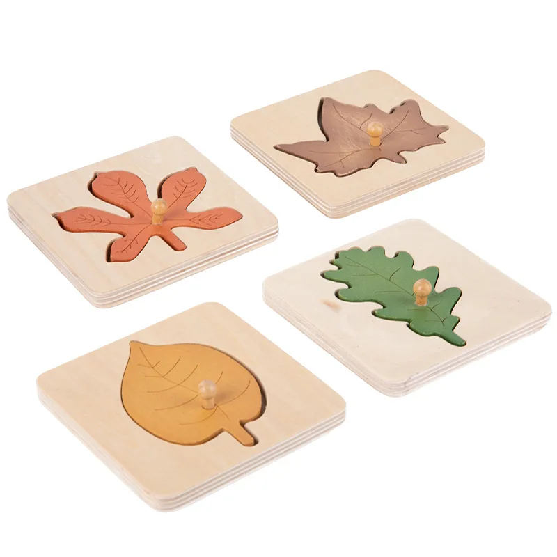Wooden Leaf Jigsaw Shape Fun Puzzles 4pcs with Holder Pack Montessori Educational Toys Learn Sorting & Stacking for Kids 2+ 5