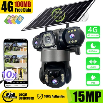 Telecamera solare 4G da 15 MP Tre obiettivi Tre schermi Zoom 10x Monitor Visione notturna Protezione di sicurezza Video PTZ CCTV Sorveglianza IP
