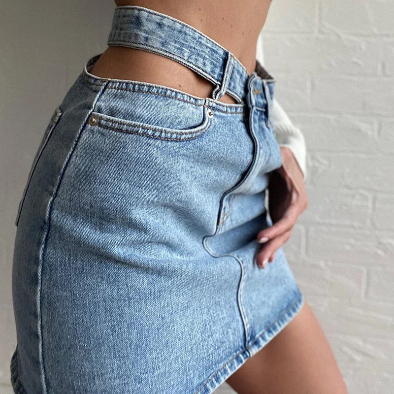 2021 Korean Summer Mini Denim Skirt y2k Fashion Sexy Chic Hollow Out High Waist Skirt Women Streetwear Casual Zipper Harajuku women long sleeve turn down collar belt wide leg jumpsuits 2021 chic solid regular shirt oversize jumpsuits streetwear