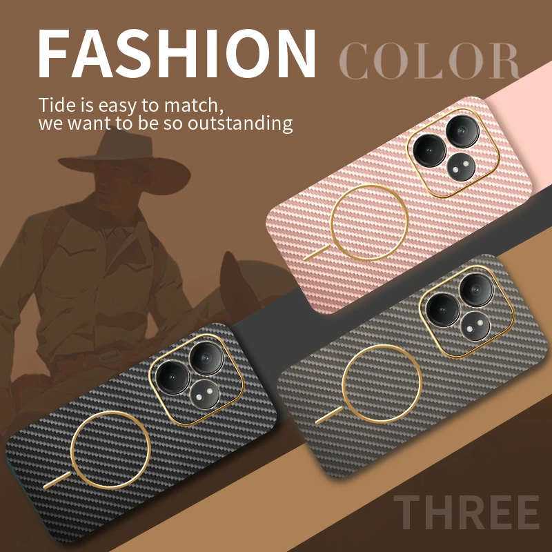 Premium Electroplating Leather Carbon Fiber Magnetic Ring Phone Case - Anti-Fall Protection