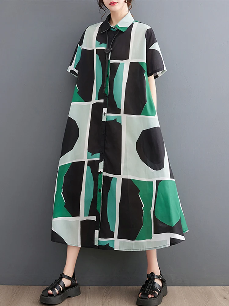 

Short Sleeve Vintage Print Shirt Dresses For Women New Loose Casual Long Dress Robe Fashion Elegant Clothing Spring Summer 2023