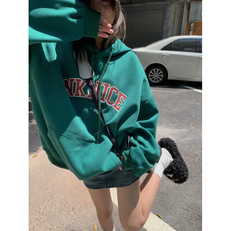 

Spring NEW Green Women Clothing Korean Fashion Y2K Baggy Pullover Sweatshirt Letter Raglan Sleeves Long Sleeves Hoodie 2024 Tops