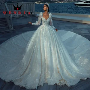 Exquisite Sequined Lace Beading Wedding Dresses Long Puff Sleeve Cathedral Train Backless Bridal Gown Robe De Mariée Custom Y36M