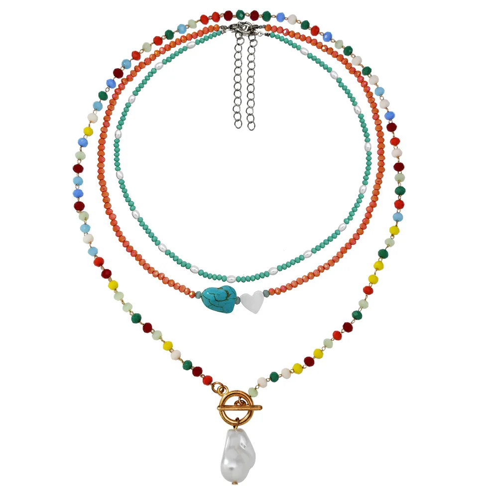 Boho handmade beaded creative stacking turquoise choker seaside beach resort style OT buckle color crystal necklace
