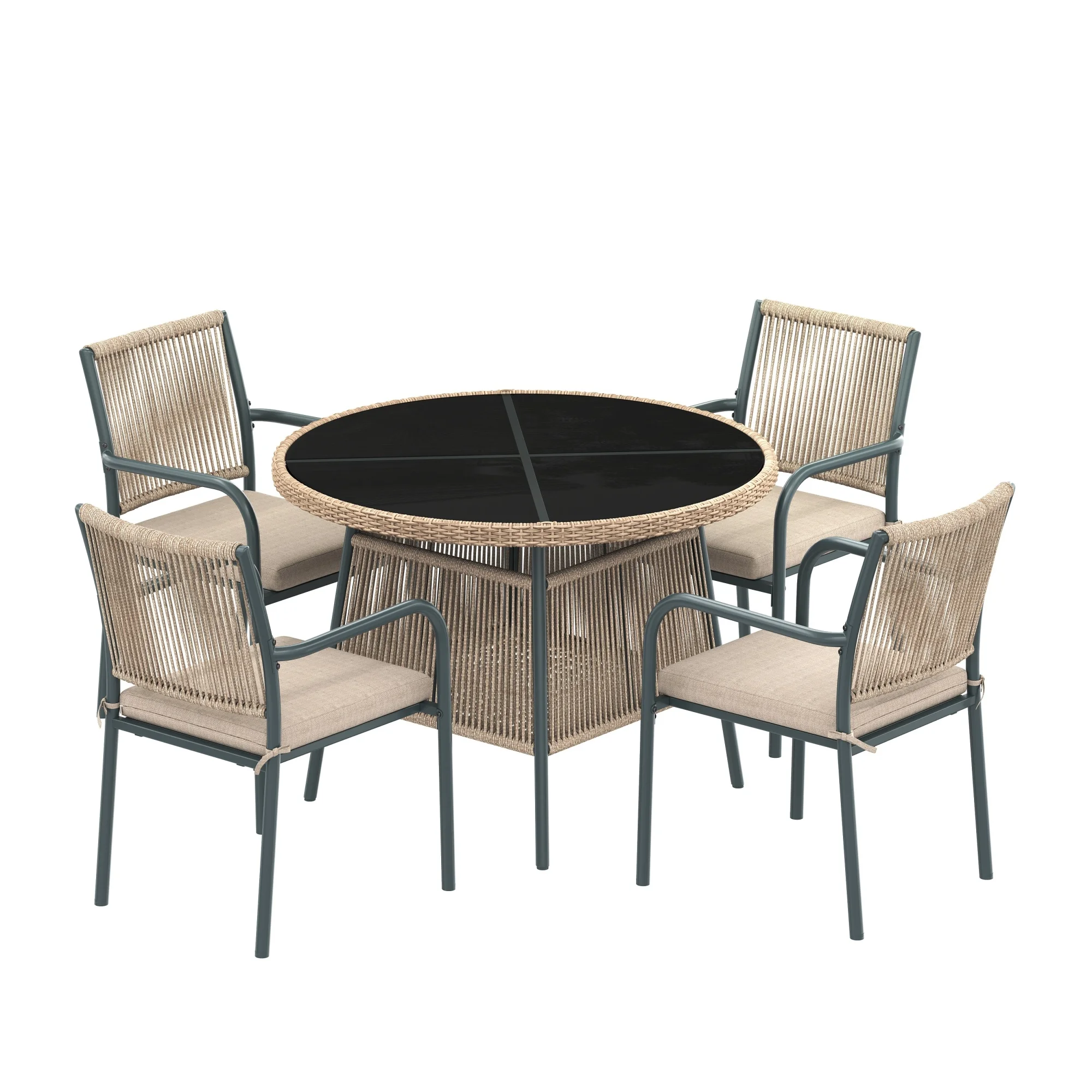 Modernes Rattan-Gartenmöbel-Set, runder Glastisch + 4 Sessel, Eisenrahmen, geeignet für Terrasse/Balkon/Deck – Detail 23