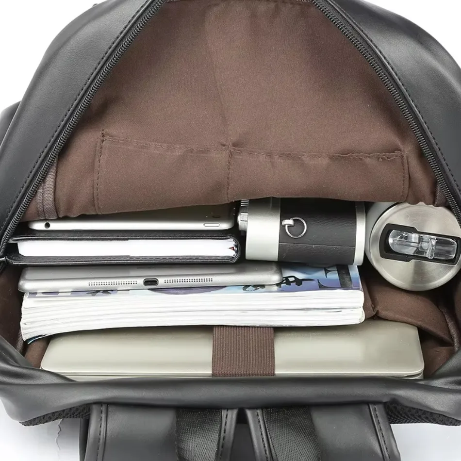 Men Laptop Backpack Large Leather Waterproof Travel Rucksack School Black Bag Soft New Adjustable Straps Leather Backpacks