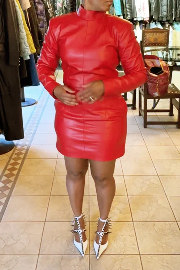 Casual Pu Leather Mini Dress Women Solid High Neck Long Sleeve Zipper Up  Party Street Wear Dress Women - AliExpress