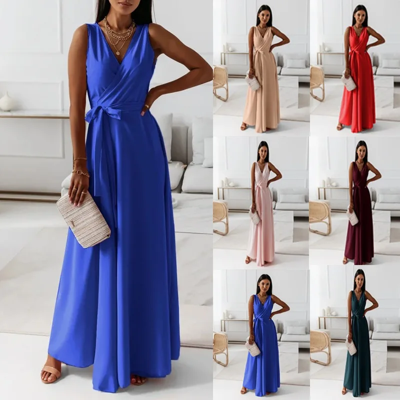2025 sommer Neue Mode frauen Kleid Tie-neck V-ausschnitt Lange Abendkleid Kleid für Frauen Party Gala