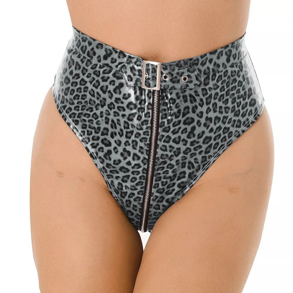 Sexy Leopard Print Underwear High Cut Thong Exotic High Waisted Buckle Briefs Booty Shorts Clubwear Zipper Open Crotch Bottoms