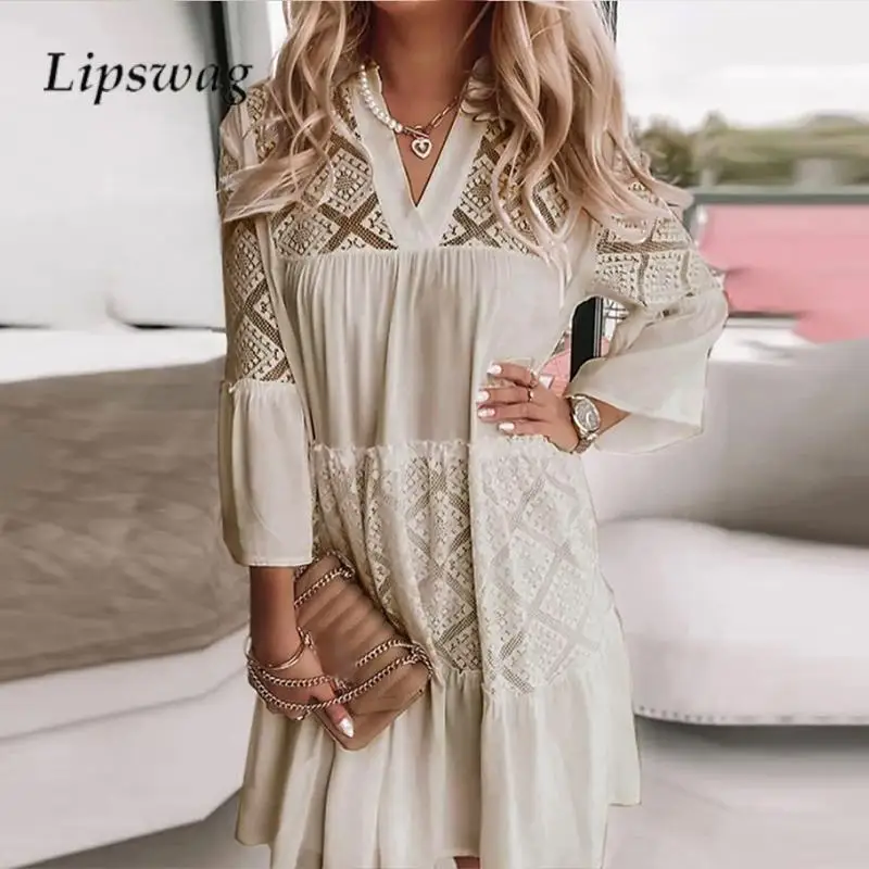 

Women V Neck Hollow Out Splicing Midi Dress Boho Autumn Loose Street Beach Dress Casual Solid Color Flare Sleeve A-Line Dresses