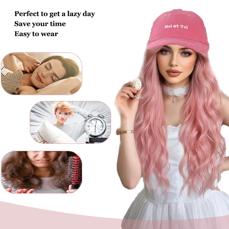 LUPU Hat Wig Pink Wavy Baseball Cap, Suitable for Women and Girls Adjustable Baseball Cap Heat-Resistant Synthetic Wig