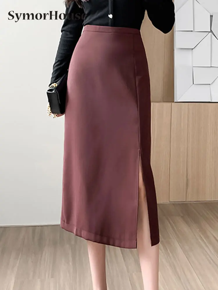 

Spring Summer Autumn Vintage Fashion High Waist Straight Skirts Women Elegant Office Lady Work Wear Split Wrap Hip Midi Skirts