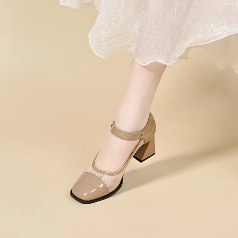 Damen-Arbeitsschuhe mit Hohem Absatz - Frühling PU-Leder Slip-On Mesh Mary Janes mit Verstellbarem Knöchelriemen, Perfekt für Büro und Alltag – Detail 6