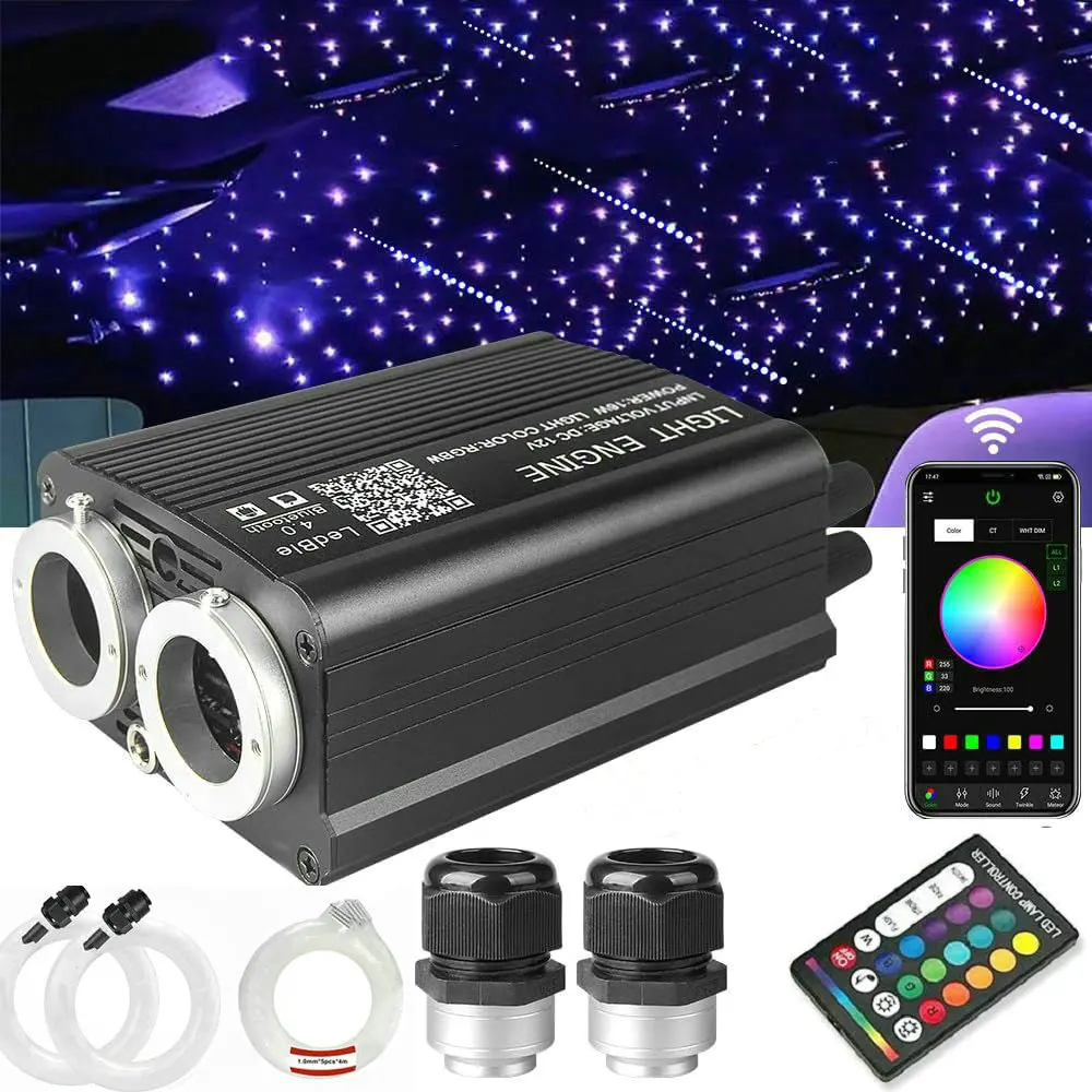 Dual ports RGBW 12V Car Ceiling Fiber Optic Led Source Starry Star DIY Shooting Meteor light App + Sound Remote control Starlight