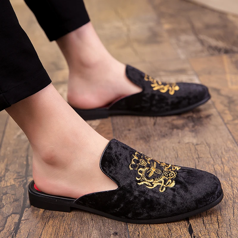 Womens Velvet Embroidery Mules Square Toe Fashion Loafers Casual Slippers Shoes