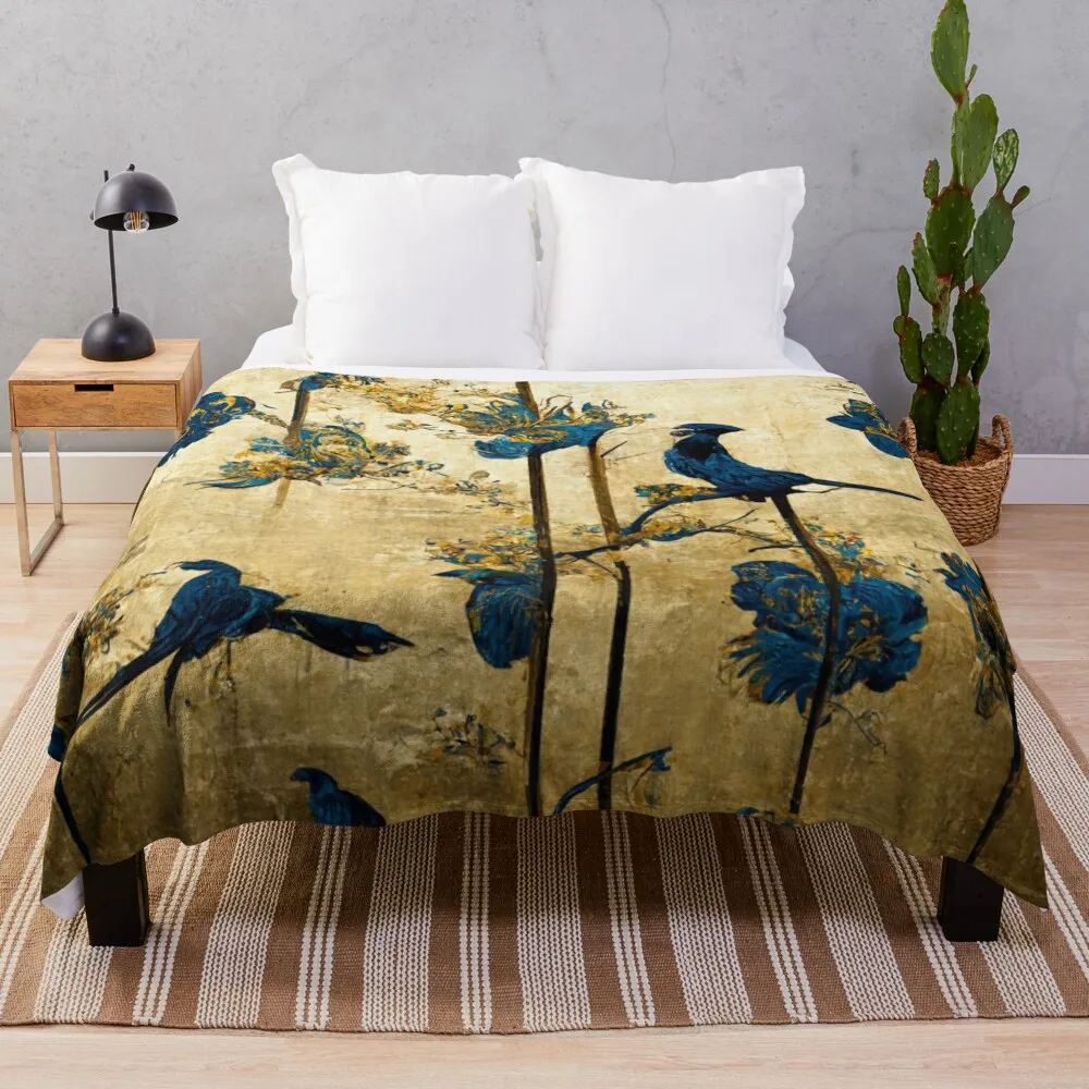 

Blue and gold chinoiserie painting with birds and flowers Throw Blanket christmas decoration Polar Luxury Blankets