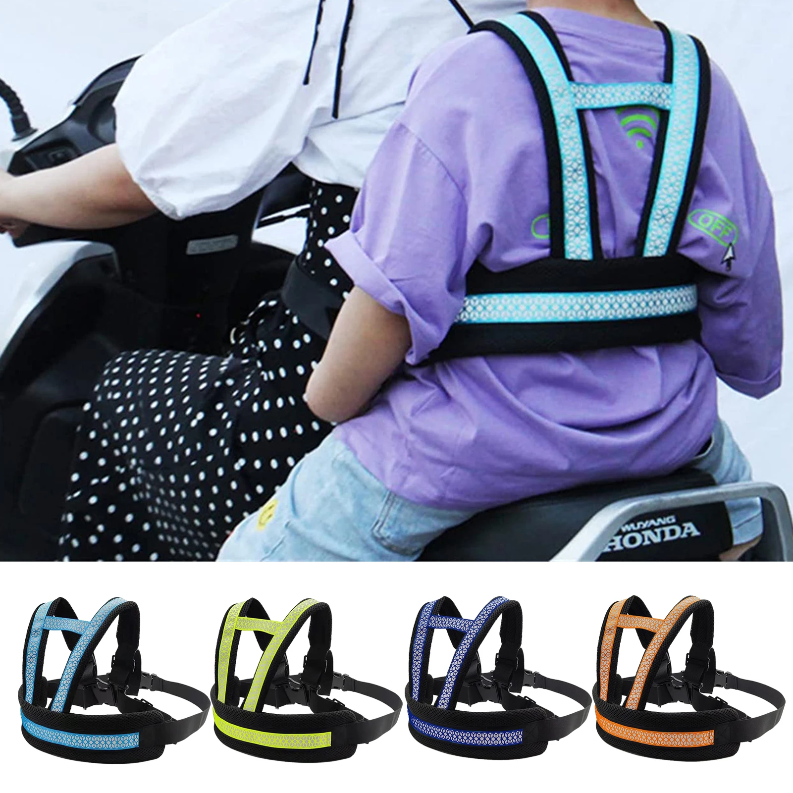 Universal Motorcycle Safety Belt for Kids Breathable Rear Seat Grab Handle Strap Harness Adjustable Child Reflective Strip #WO