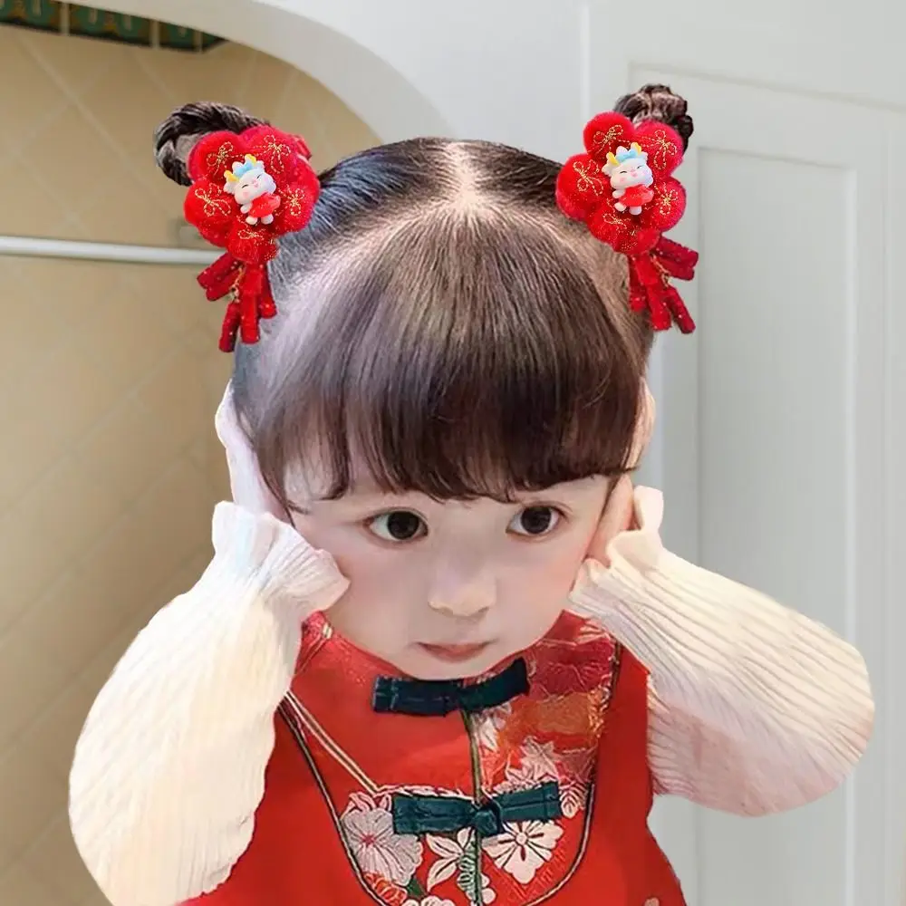 귀여운 벨벳 마스코트 드래곤 뿔 빨간 머리핀 헤어웨어 고대 스타일 태슬 리본 머리핀 빨간 리본 머리핀 소녀용