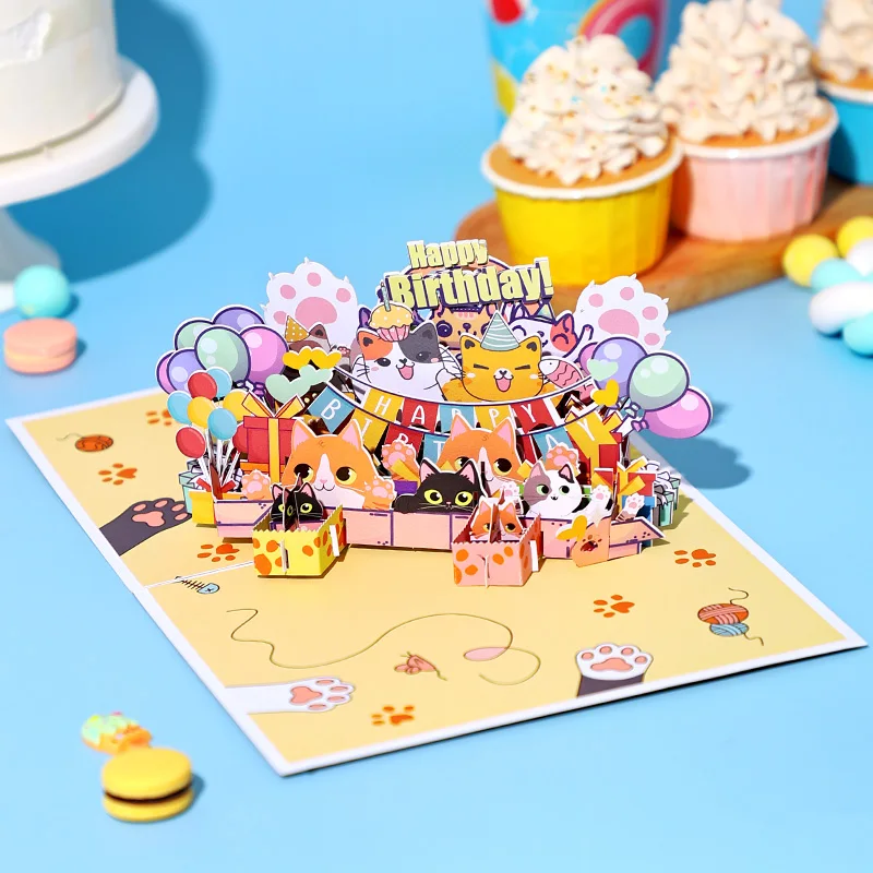 Happy Birthday Card Birthday Cat 3D Pop Up Card Greeting Best Gift for Family Husband Wife Couple Friends greeting cards