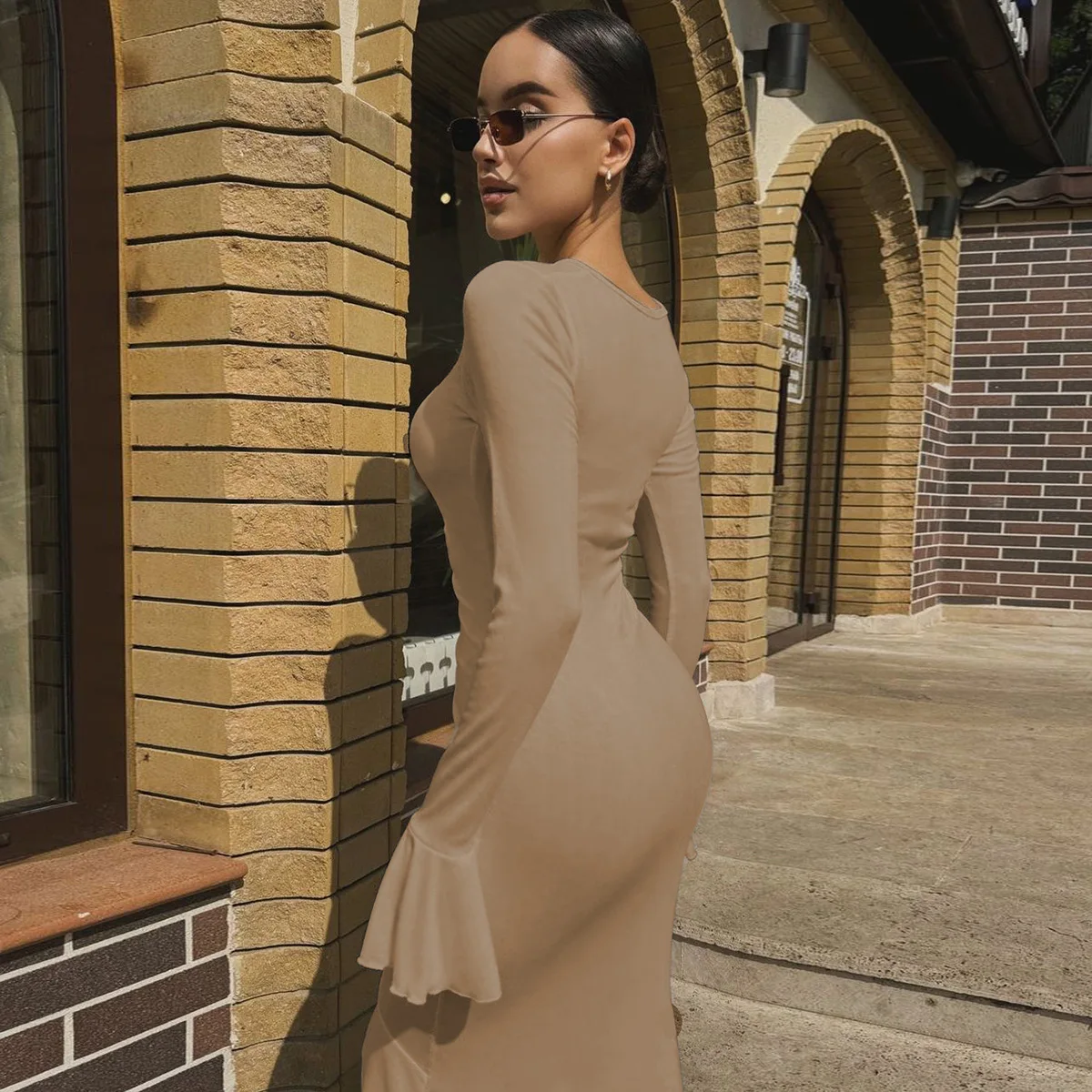 V-Neck Pleated Slim Long Dress Female Fashion Ruffled Patchwork Solid Elegant Party Dress New Women Maxi Dress Streetwear