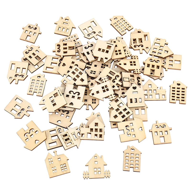 

50PCS Eid Mubarak Wooden Ornaments Unfinished Wood House Hanging Decoration DIY Wooden Crafts Easter Ramadan Painting Pendant