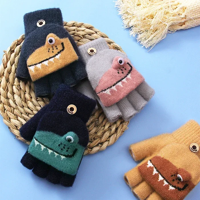 Toddler Kids Winter Knitted Fingerless Cartoon Gloves winter gloves baby mittens Thick Warm Outdoor Writing Convertible Flip Top Half Finger Mittens 6-10Y