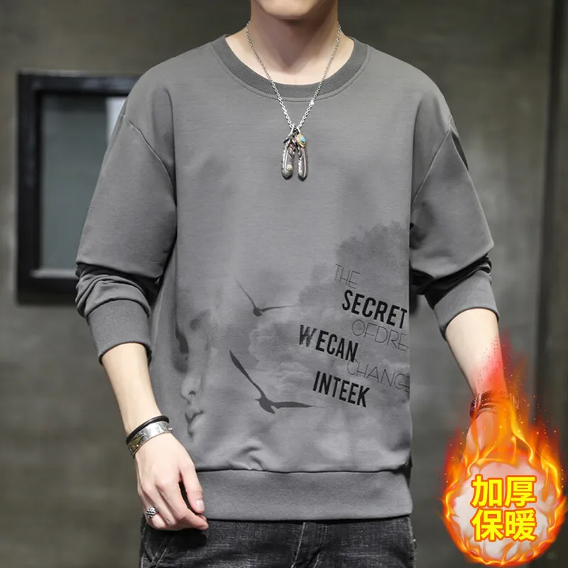 Men's Autumn and Winter Pullover Round Neck New Patchwork Printed Letter Loose and Versatile Fashion Casual Long Sleeved Hoodie