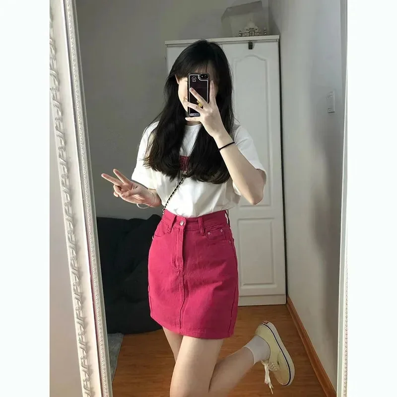 Rose Red Denim A Line Skirt for Women Autumn Party