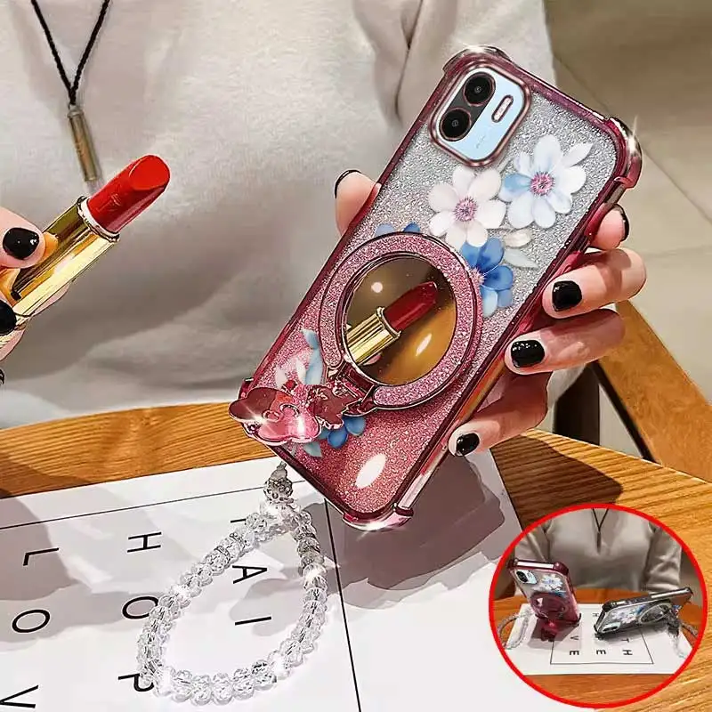 Attractive Flower Phone Case Set with Lanyard and Circular Stand, 3-Piece Pack