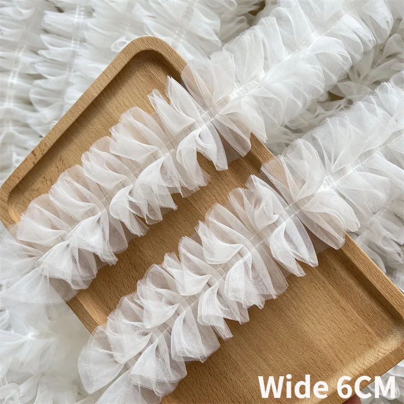 

6CM Wide White Double Layers Fluffy Pleated Mesh Fabric Collar Neckline Ruffle Trim Wedding Dresses Skirts Sewing Applique Decor