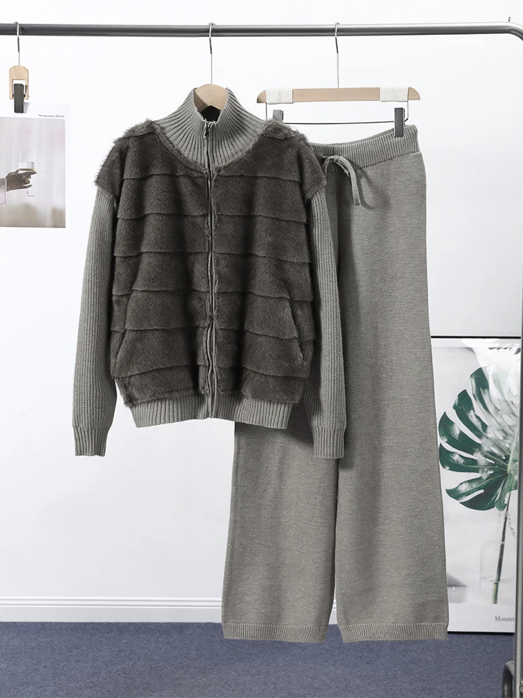 Kunstpelz-Patchwork-Mantel Hosenanzüge Damen Luxus Langarm Reißverschluss-Jacke Hochgeschnittene Weite Hose Frühjahrs-Neuheiten – Detail 3