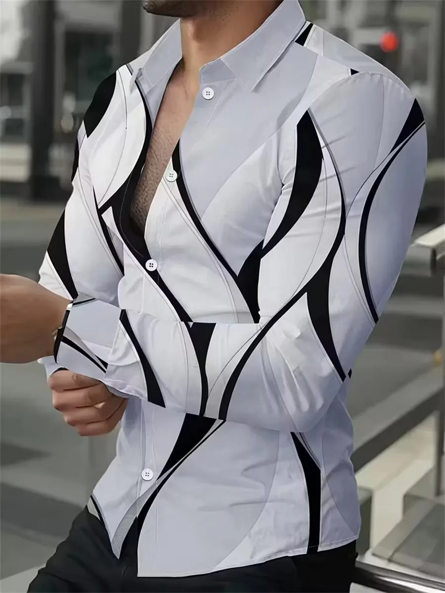 قميص رجالي بأكمام طويلة بتصميم خطوط هندسية باللونين الأسود والذهبي، كارديجان أنيق وعصري من قماش مريح.