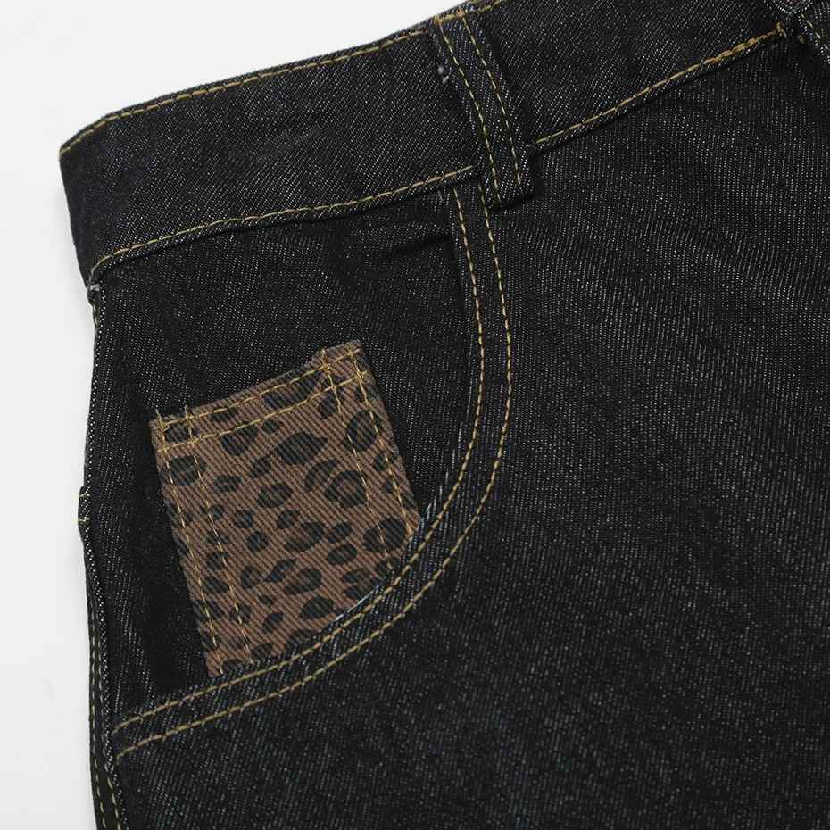 Leopard Patchwork Denim Shorts Summer Loose Casual Blue Jeans Shorts Streetwear Harajuku Hip Hop