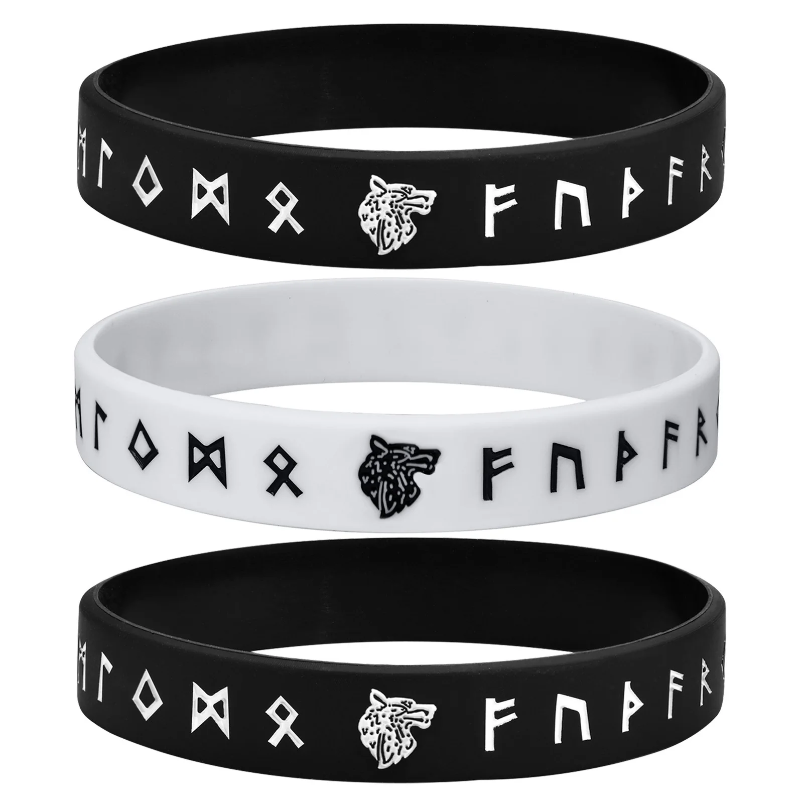Mprainbow 1/2/3/4 Stück Herren-Wolf-Armband, schwarz/weiß, nordische Wikinger-Runen, weiches Silikon-Gummiband, Armreif, bequeme Passform