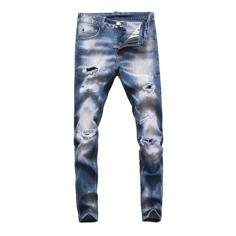 Street Fashion Men Jeans High Quality Retro Washed Blue Stretch Slim Fit Ripped Jeans Men Painted Designer Hip Hop Brand Pants