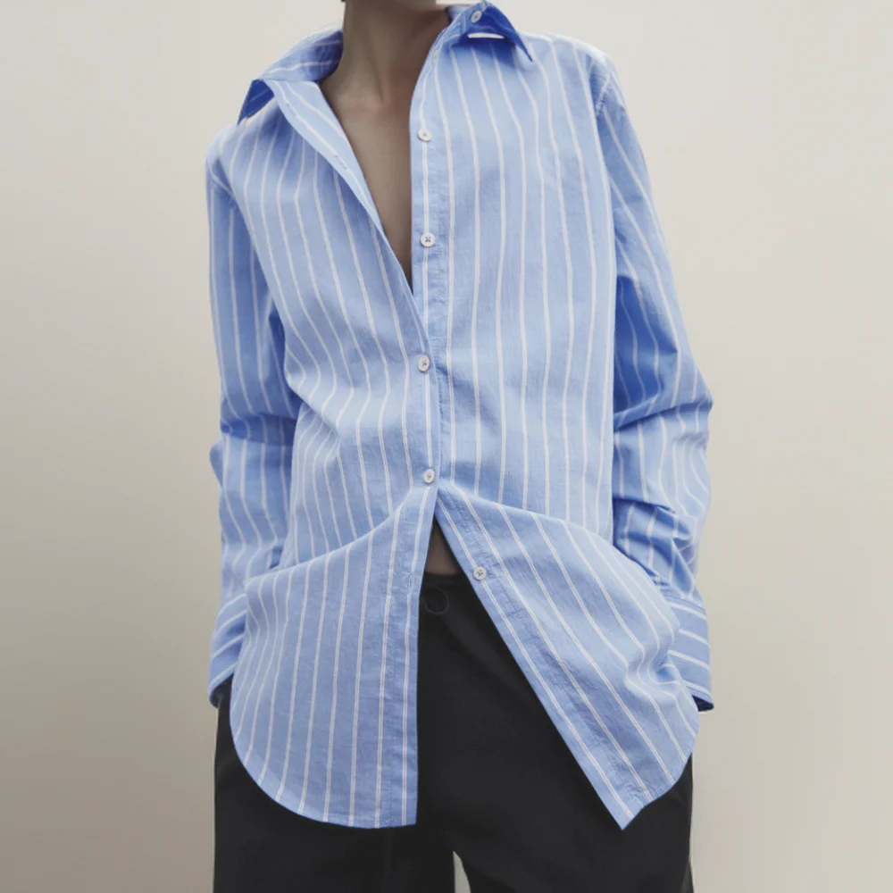 

PB&ZA 2024 Summer Women's French Style Commuting Style Casual Blue Vertical Stripe Long Sleeve Shirt