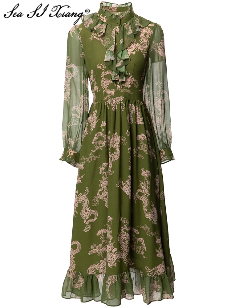 

Женское однобортное платье с воротником-стойкой, рукавами-фонариками и оборками