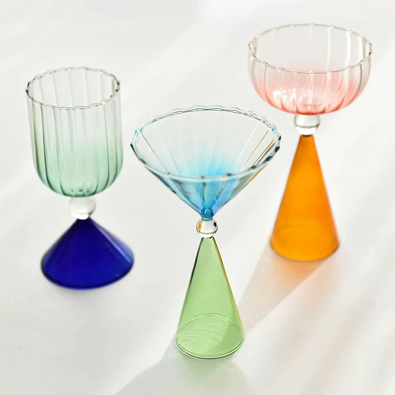 Verre à Vin Irrégulier avec Détection d'Eau, Coupe à Champagne Dégradé, Deux Tons, Vert, Bleu, Ambre, Ondulation Colorée