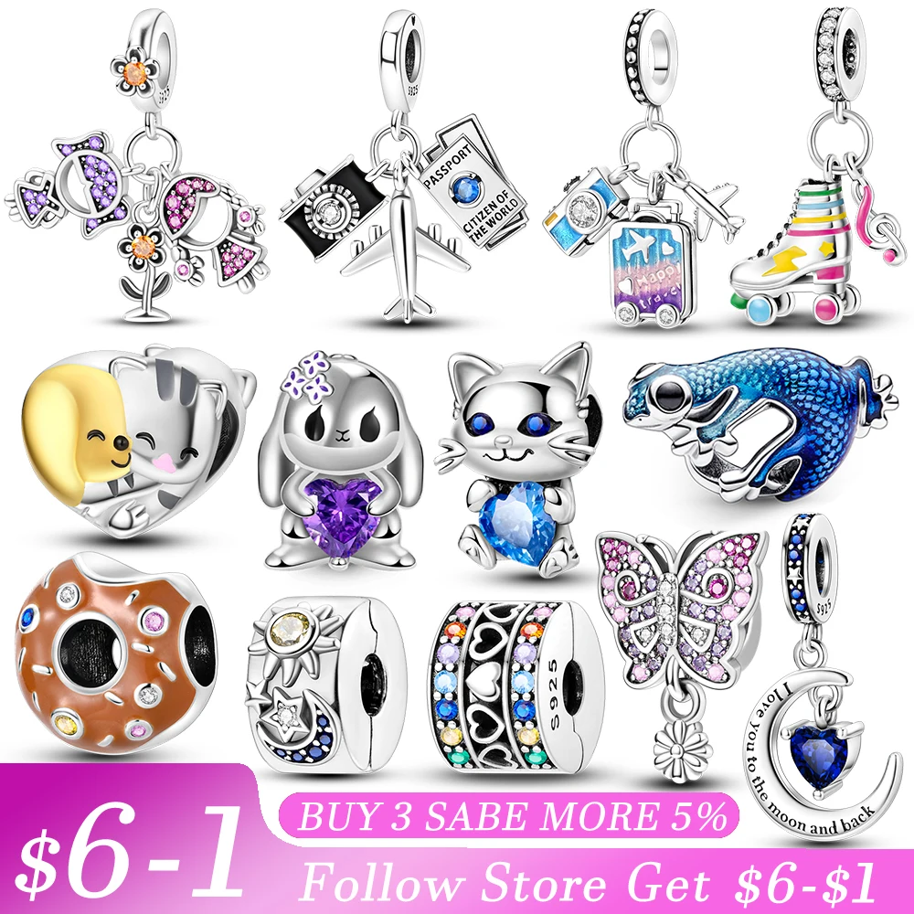 

925 Sterling Silver New Rabbit Cat Dog Aircraft Star Heart Charm Fit Pandora Charms Silver Original Bracelet for Jewelry Making