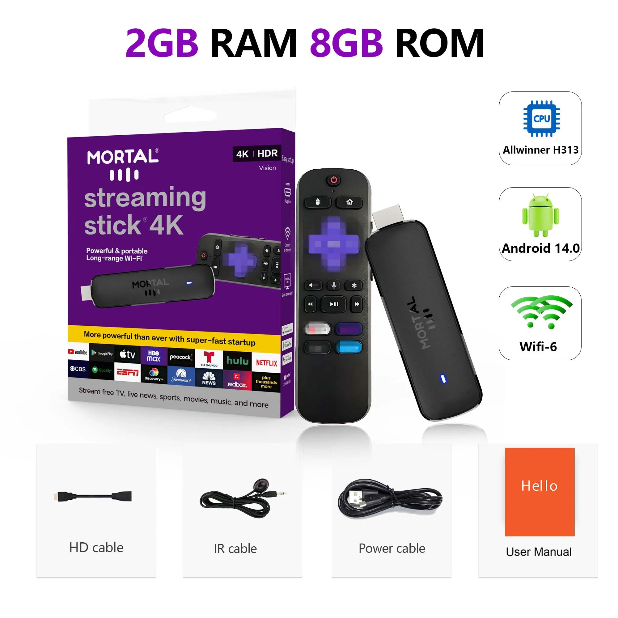 Smart TV Stick Android 14 Allwinner H313 Mortal Q8 Ultra Chromecast Comando à distância por voz WiFi 6 4K 60fps WiFi 6 Bluetooth 2G 8GB 16GB Streaming