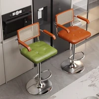 Mid-Century Bar Stool Liftable Rattan Backrest Chair for Kitchen Island Swivel Counter Stool with Footrest Modern Reception Seat