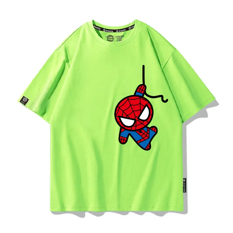 마블 팬 아동용 티셔츠 캔디 컬러 스파이더맨 콜라보레이션 순면 프린트 부모-자녀 반팔 셔츠