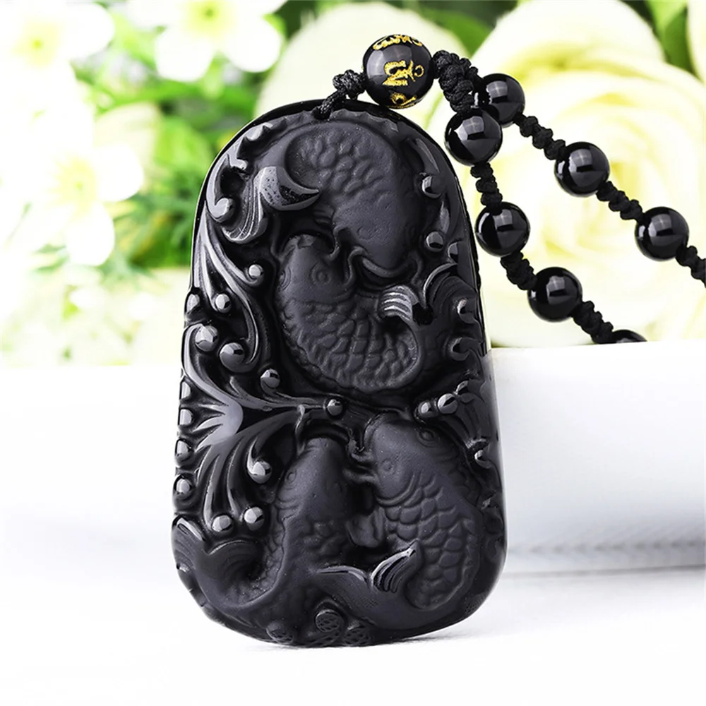 

Wonderful Chinese Handwork Natural Black Obsidian Carved Fish Happy Reunion Lucky Blessing pendant necklace Fashion Jewelry