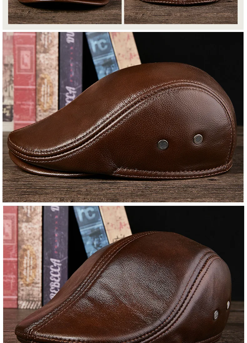 Genuine Cowhide Leather Men Berets Cap Hat High Quality Fashion Men's Real Leather Adult Black Hats