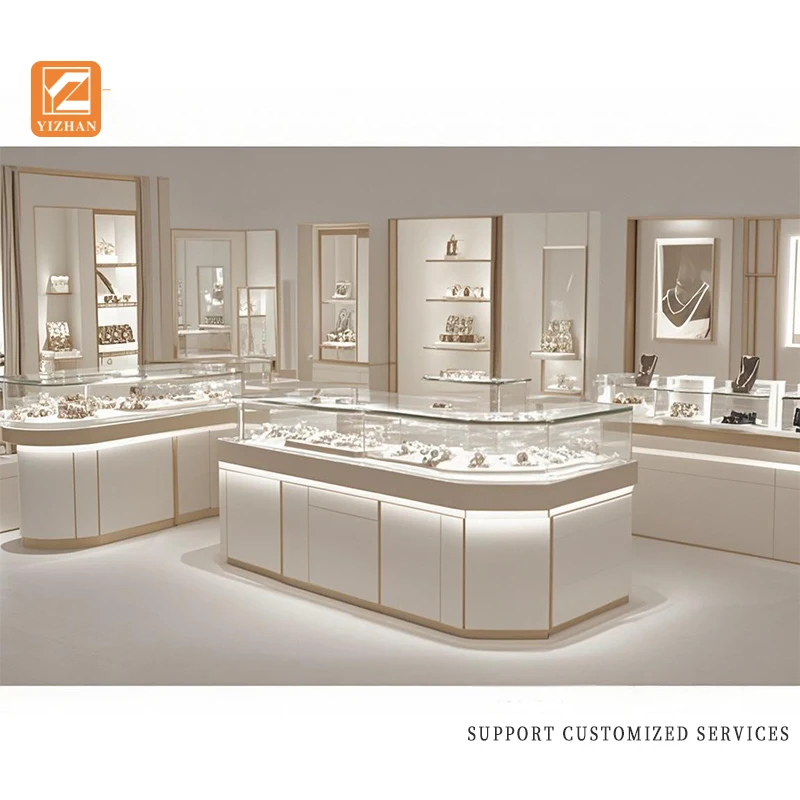 맞춤형 공장 직영 맞춤형 MDF 보석 진열장 (탈착식 카운터 LED 조명 스트립 유리 카운터 포함, 대량 판매용)