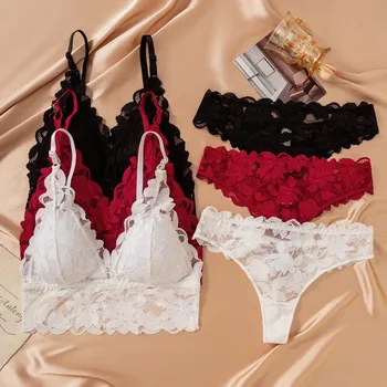 Women's Lace Bra and Panty Set Deep V Scalloped Edge 2 Piece Lingerie 2026