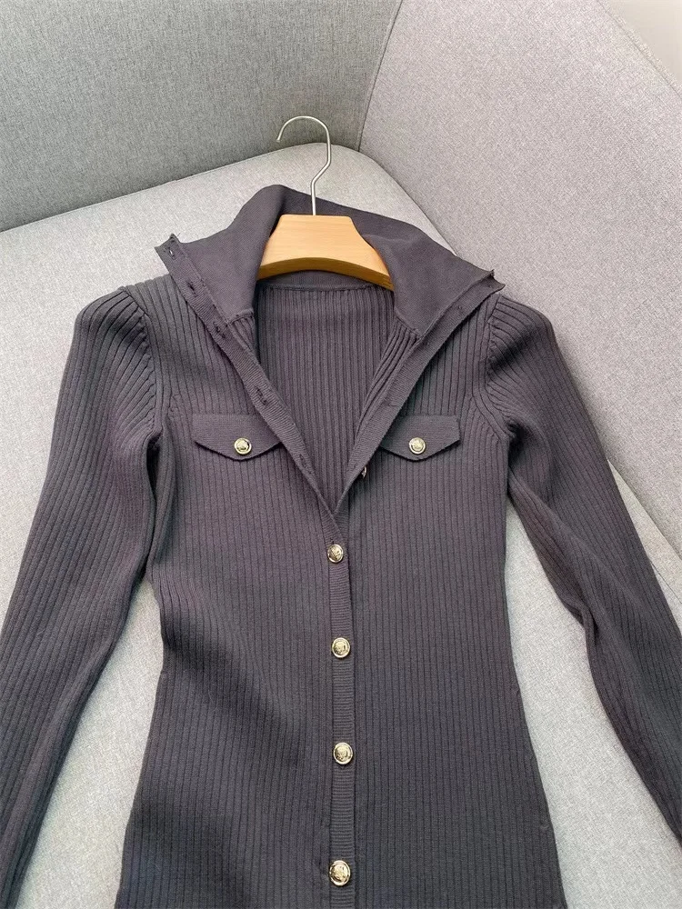 

Женское трикотажное платье с отложным воротником, Элегантное однобортное облегающее платье во французском стиле с длинным рукавом, Осень-зима 2023