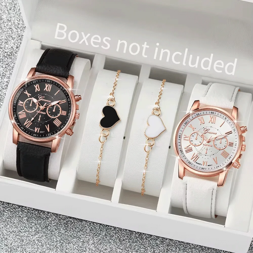 4PCS Fashion Women Watches Simple Roma Dial Quartz Watch Ladies Leather Band Wristwatches Heart Bracelets Set